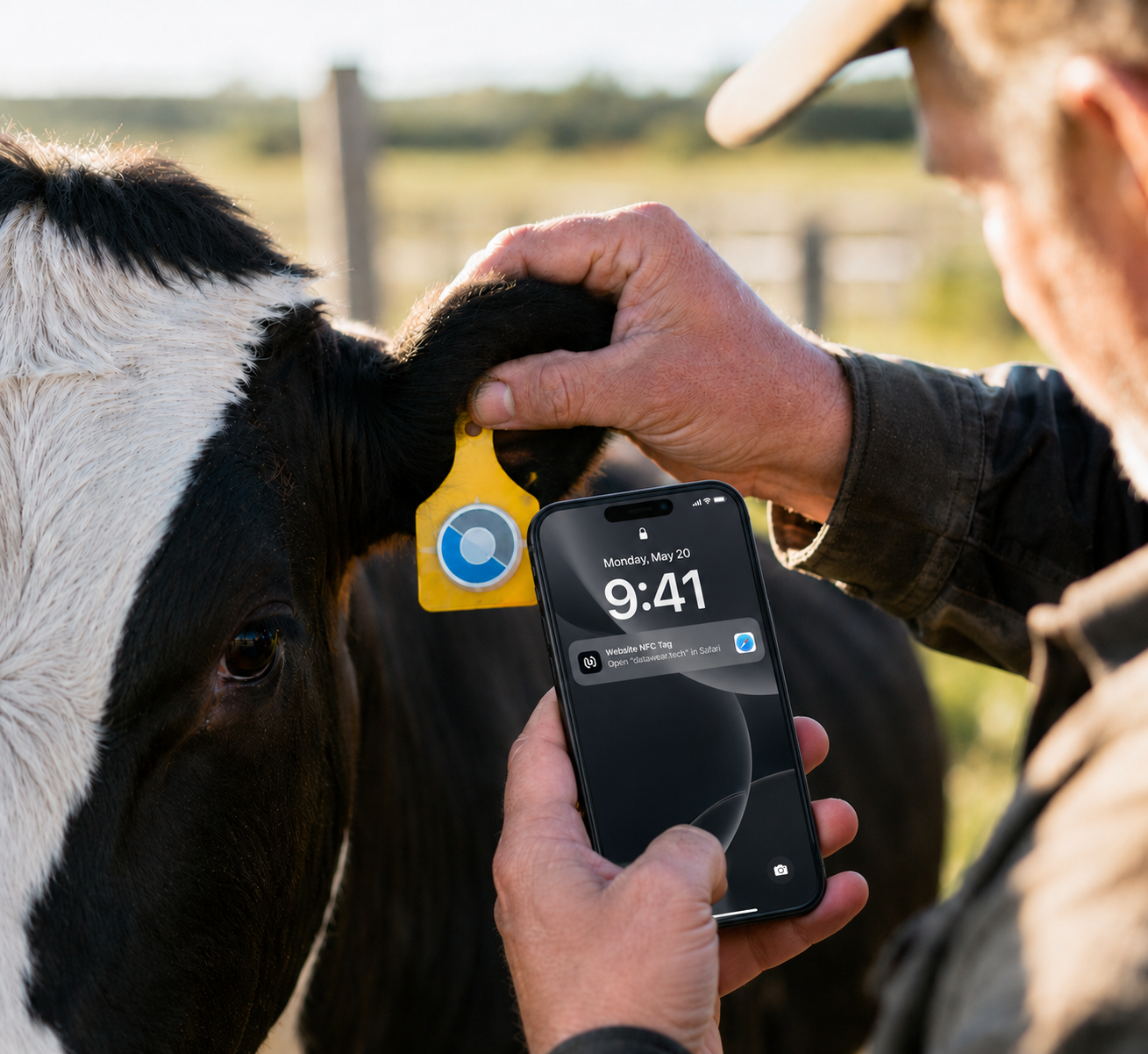 Phone scanning a Datawear sticker on a cattle ear tag