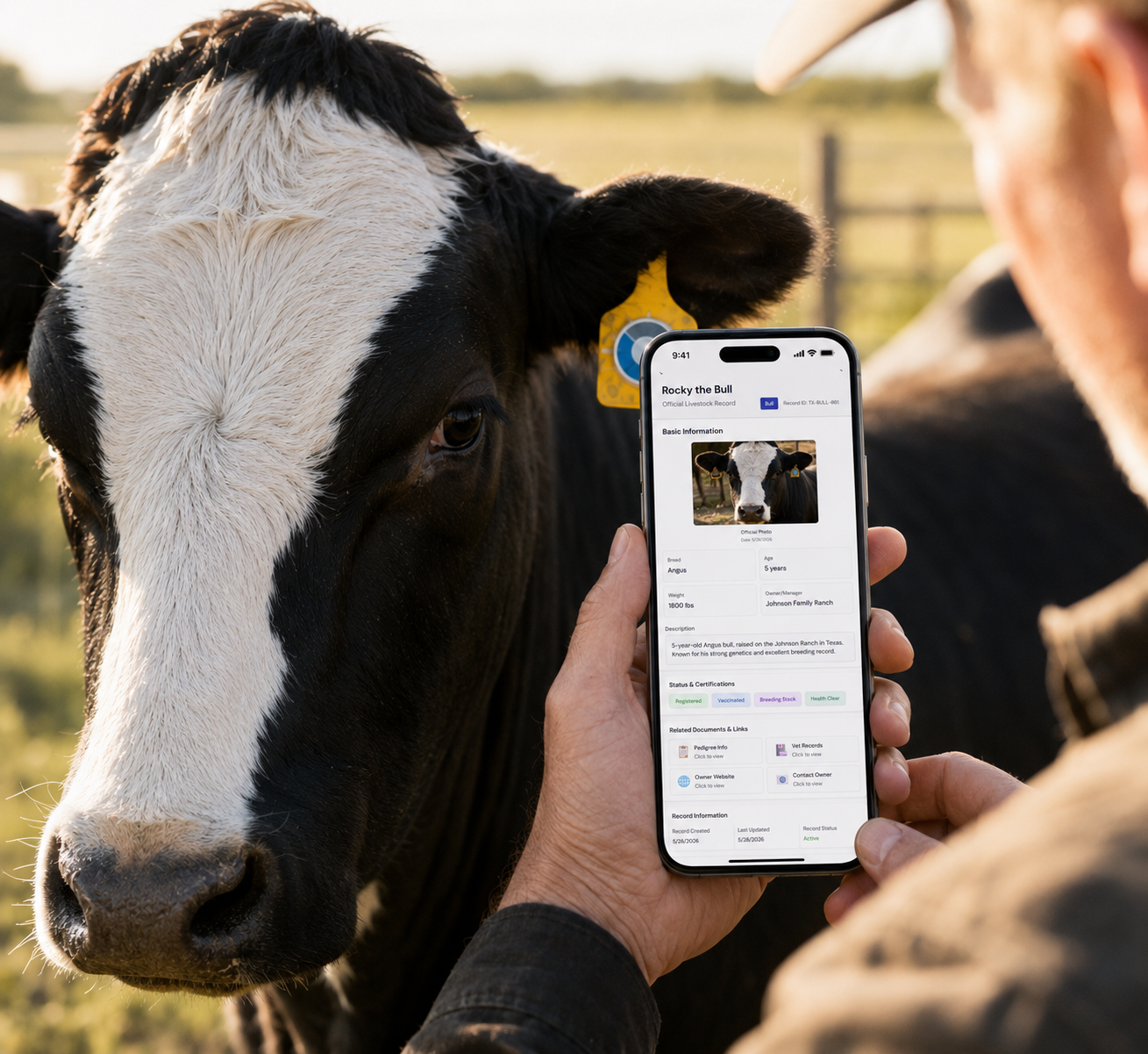 Phone displaying a livestock profile after scanning a Datawear tag